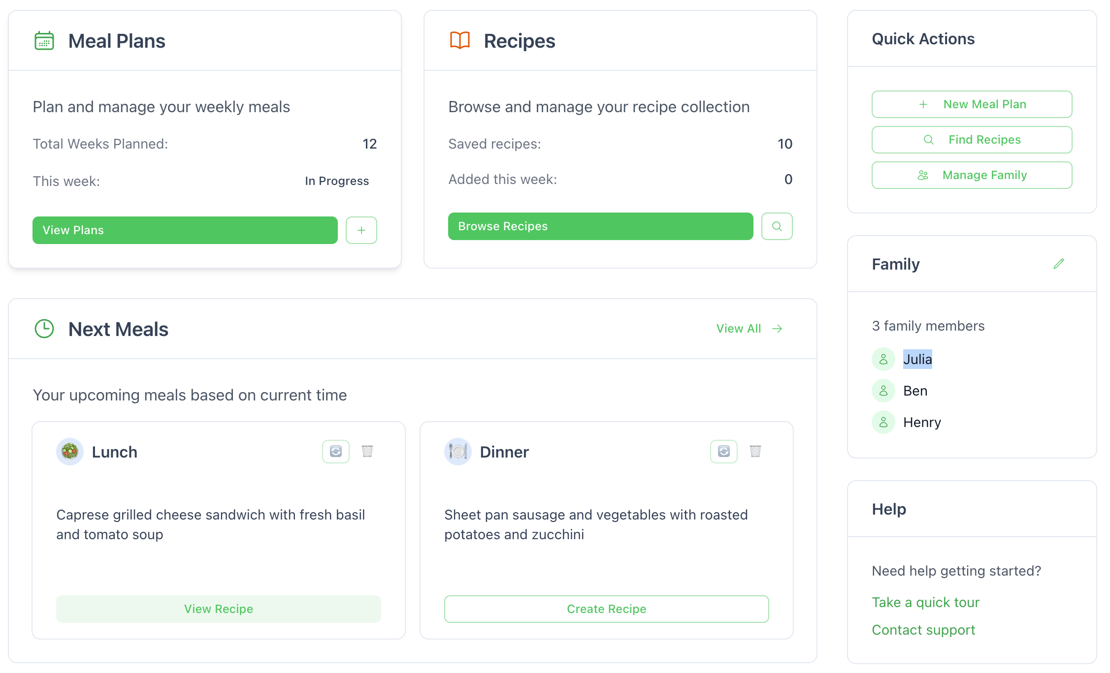 Easy to use dashboard to see upcoming meals and to plan for future weeks